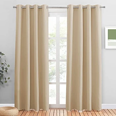 Image de PONY DANCE Rideau Thermique à Oeillets Rideaux de Fenêtre Draperies Tombé Lourd Prêt Poser Tissu Solid pour Enfant/Ado Unicolore Lumineux Bloquer, 132 x 210 cm, Jaune Beige, 2 PCs
