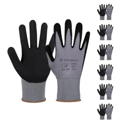 Image de Velway Gants de Travail 6 Paires Jardinage Enduction Nitrile Résistante à l&#039;Abrasion Polyvalent pour Industrielle Multiusage Manutention et Mécanique Taille 9/L