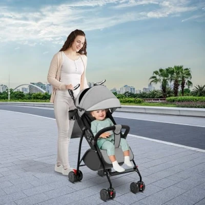 Image de Poussette Bébé Légère et Compacte de 0 Mois à 4 Ans, Capacité Charge Maximale 25 kg, Pliable, Dossier Inclinable, Pliage Automatique en 1 Étape, Canopy A gris