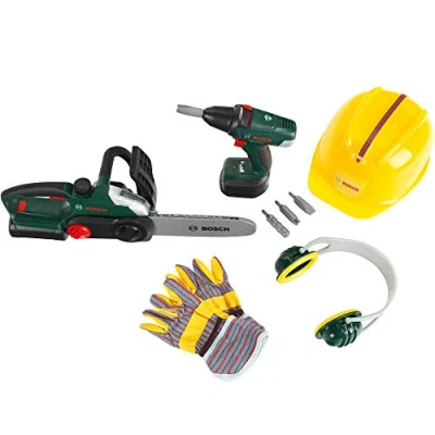 Image de Theo Klein 8577 Set de Chantier Bosch Visseuse et tronçonneuse aux Fonctions électroniques réalistes avec Casque Travail, Anti Bruit Paire Gants pour Les Enfants dès 3 Ans