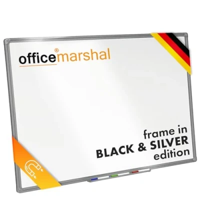 Image de OfficeMarshal l Tableau blanc magnétique 60 x 90 cm Avec cadre en aluminium argenté porte stylo mémo effaçable à sec (cadre argenté)