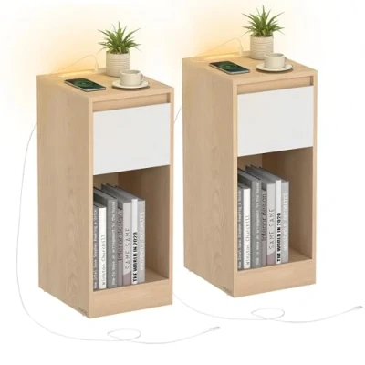 Image de VASAGLE Lot de 2, Table Chevet Étroite, d’Appoint, avec Éclairage LED, 1 Port USB A, C, Tiroirs et Compartiments Ouverts, pour Chambre, Salon, Jaune Amande Blanc Nuage LET710Y01