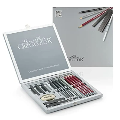 Image de CRETACOLOR set d&#039;artiste Silver Box de dessin en graphite 17 pièces dans un coffret bois exclusif, haute qualité, différents matériaux dessin, gomme incluse