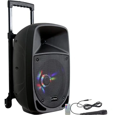 Image de PARTY Light &amp; Sound 8LED Enceinte sur Batterie 8/20cm de 300W avec 1 Micro Filaire et Effet Lumineux Le woofer Bluetooth, USB AUX Noir…
