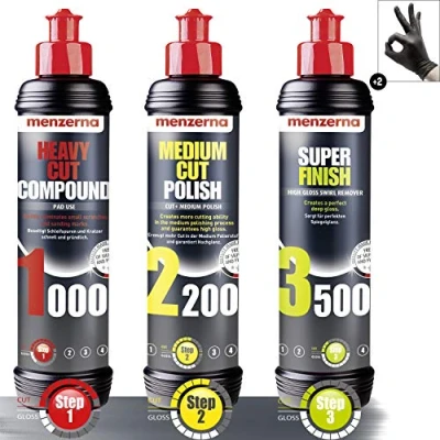Image de Menzerna Heavy Cut Compound 1000, 250ml &amp; Medium Polish 2200, Super Finish 3500, + gants de protection detailmate