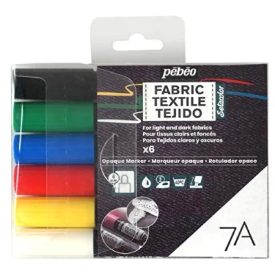 Image de Pébéo Set de 6 marqueurs spécial tissu et textiles foncés opaques, Feutres pour tissus assortiment basique pointe ronde 4mm Multicolore 804501