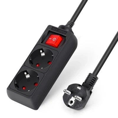 Image de Aigostar Multiprise 2 Prises avec Interrupteur Parasurtenseur Parafoudre câble 1,5 m Noir 3680w