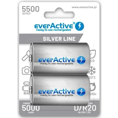 Image de EverActive Lot de 2 Batteries Rechargeables Ni MH, Mono R20 qualité supérieure pré chargées Silver Line 1,2 V