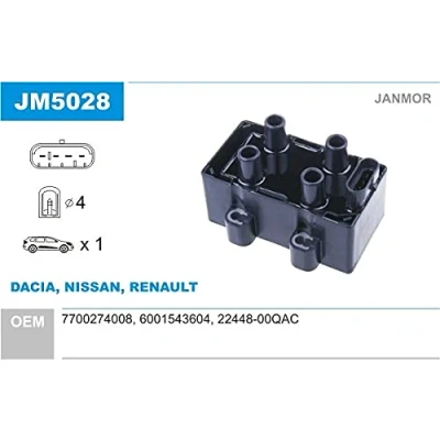 Image de JANMOR JM5028 Bobine d&#039;allumage RENAULT: CLIO 2, TWINGO 1, 3, DACIA: Sandero I, Logan I MCV, Berline