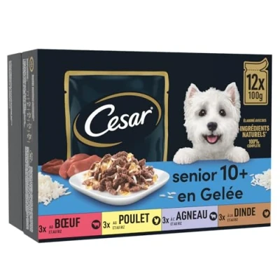 Image de CESAR Repas pour Chien Senior 48 Sachets Fraîcheur (Lot de 4 Packs 12x100g) Pâtée en Gelée Boeuf / Poulet Agneau Dinde Nourriture Complète &amp; Equilibrée avec Ingrédients Naturels