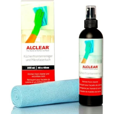 Image de ALCLEAR 721KR Nettoyant pour façades de cuisine 250 ml avec chiffon en microfibre professionnel nettoie les cuisines laquées brillantes sans laisser traces, contre la saleté, traces doigts et graisse, noir/bleu, 1 pièce (1 pièce)