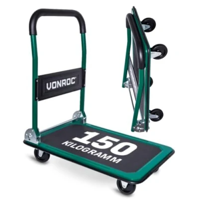 Image de VONROC Chariot Plateforme Pliable Capacité de Charge Maximale 150 kg Antidérapante 470 x 730 mm 2 Roues Rotatives 360 Poignées Softgrip, pour Charges Lourdes et Volumineuses