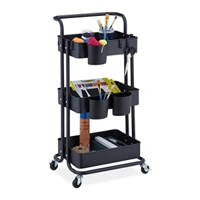 Image de Relaxdays Desserte à roulettes, 3 Niveaux, 2 Freins, Multi Usage pour Cuisine &amp; Bureau, en métal, HLP : 86x38x39cm, Noir