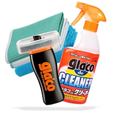 Image de detailmate Kit Nettoyage et Polissage des vitres: Soft99 Glaco de Cleaner 400ml + Glass Compound Roll on 100ml 2X Microfiber Monkey Chiffon gaufré à polir