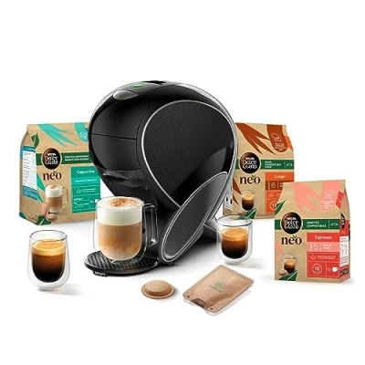 Image de Dolce Gusto NEO Coffee Machine by Krups, à café + 3 boites de dosettes compostables (Espresso, Lungo, Cappuccino), Cafetière multi boissons connectée YY5242FD