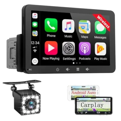 Image de Autoradio 1 DIN Bluetooth avec sans Fil CarPlay et Android Auto 7 Pouces HD Ecran Tactile Car Play Voiture Soutien PhoneLink iOS/Android/Radio FM/EQ Wireless Caméra de Recul