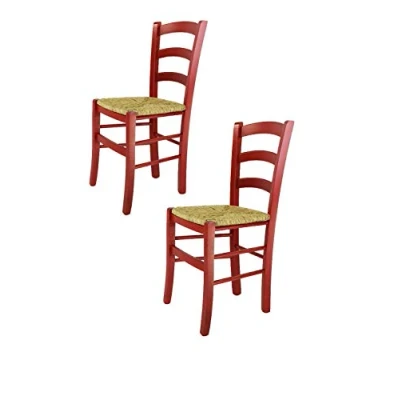 Image de t m c s Tommychairs Set 2 chaises Venezia pour Cuisine, Bar et Salle à Manger, Robuste Structure en Bois de hêtre peindré Couleur Aniline Rouge Assise Paille