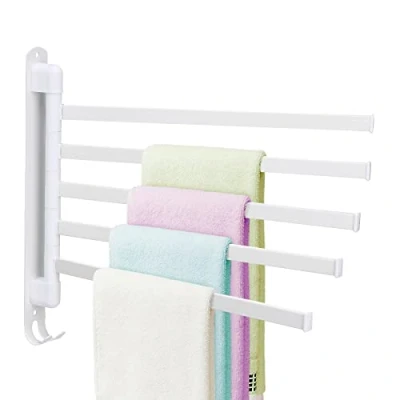 Image de Pcscevcr Porte serviettes pivotant en acier inoxydable avec crochets pour cuisine, salle de bain, toilettes (blanc, 5 rails)