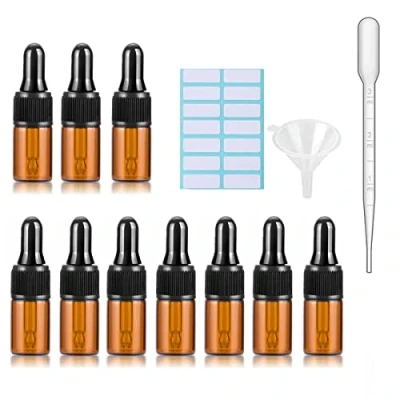 Image de Lot de 10 flacons compte gouttes en verre ambré avec bouchons noirs, pipette mesurée, entonnoir et étiquettes ; 3 ml pour d&#039;huile essentielle rechargeables