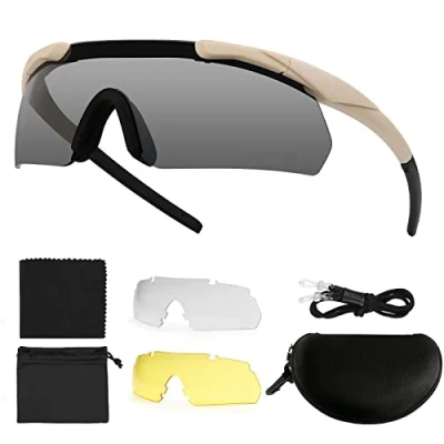 Image de Feyachi lunettes de sécurité, tir tactique avec 3 lentilles interchangeables, protection oculaire résistante aux chocs pour le travail, la chasse, pêche, cyclisme Kaki