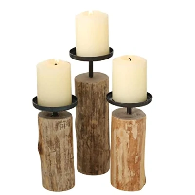 Image de Boltze Tempe 4221400 Lot de 3 bougeoirs en Bois + métal Design élégant Décoration Table à Manger/Commode Style Boho