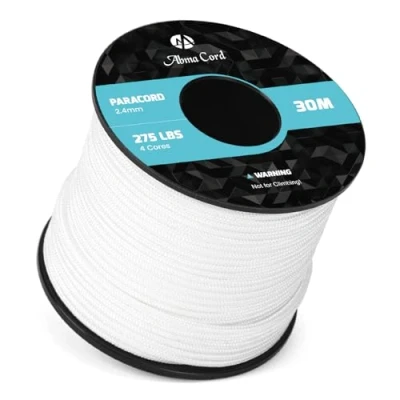 Image de Abma Cord 30M Paracorde 275 Corde en Nylon 2,4 mm 4 Brins de Survie, Extérieure, Tout Usage Max. 125kg (275lbs) Blanc