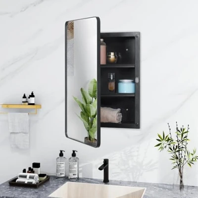 Image de Fundin armoire à pharmacie en plastique noir, porte miroir bords biseautés avec cadre métal coins ronds, encastrée et montage surface, de 40,6 x 61 cm
