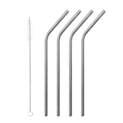 Image de QWETCH Lot de 4 pailles coudées + Goupillon Acier Inoxydable réutilisable, 100% ECO inox brossé 21 cm