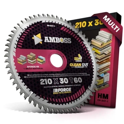 Image de Lame de scie circulaire HM 210 x 30 mm Z60 à dents plates avec chanfrein alterné pour coupe multi fine AMBOSS WERKZEUGE® compatible HBM Dewalt DWE7485 DCS777T2 QW.