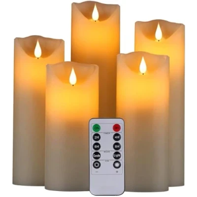 Image de Bougies LED,Bougies Sans Flamme.Lot de 5 (10,12,15,17,19 cm,Ivoire),En Véritable Cire. Avec Vacillement des Flammes Très Réaliste, Télécommande 10 Menus Fonction, Minuterie 24 Heures
