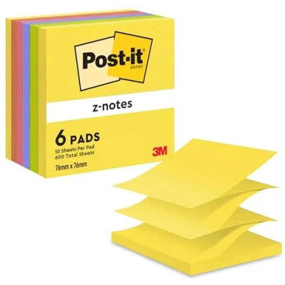Image de Post it Z Notes, Couleurs Neon Rainbow, Pack de 6 Blocs, 100 Feuilles par Bloc, 76 mm x mm, Jaune, Vert, Violet, Rose, Orange Notes Autocollantes pour Prise et Listes Tâches