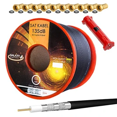 Image de Câble SAT coaxial HB Digital 50m 135db + 10x connecteur F plaqué or 1x dénudeur d&#039;antenne satellite en cuivre pur CU 5 voies blindé pour DVB S / S2 C C2 T T2 DAB systèmes radio BK