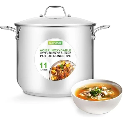 Image de Nutrichef Marmite en Acier Inoxydable 12 Litres Inox de Qualité Alimentaire Induction Lourde Faitout Grande Casserole avec Couvercle Transparent, Compatible Lave Vaisselle