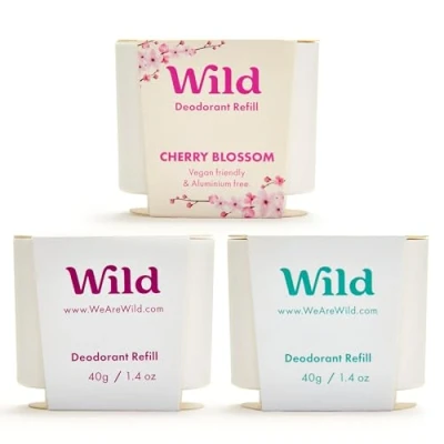 Image de Wild Déodorant Naturel Rechargeable Sans Aluminium Lot Varié de Recharge Comprend Fresh Cotton &amp; Sea Salt, Cherry Blossom et Coconut Vanilla Protection longue durée