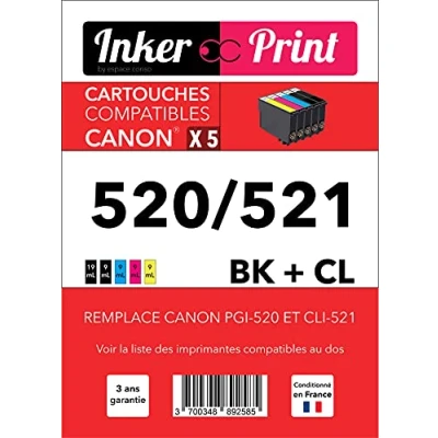 Image de INKER PRINT P C520 Pack de 5 Cartouches d’Encre (2 x Noir + 3 Couleur), compatibles avec Canon 520/521 BK CL, remplacent PGI 520 et CLI 521