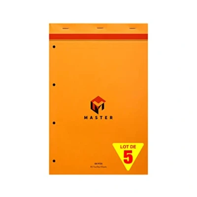 Image de Calligraphe 10754Cpack Un Lot de 5 Blocs Master Agrafés en Tête Perforé 4 Trous Oranges (une Marque Clairefontaine) A4+ 21x31,8cm 80 Feuilles Grands Carreaux 80g Couverture Carte Enduite