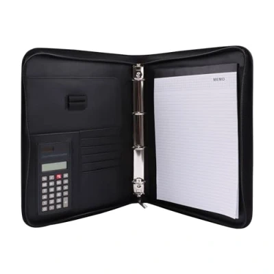 Image de Genie 10742 porte documents A4 avec classeur et calculatrice intégrés, plastique résistant aspect cuir fermeture Éclair, bloc notes stylo Noir