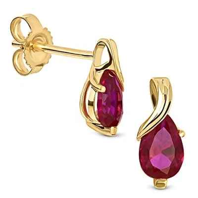 Image de Miore boucles d&#039;oreilles pour Femmes pendantes en Or Jaune 9 Carat /375 avec Pierre Précieuse forme poire Rubis rouge, Bijoux