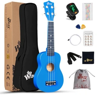 Image de Winzz Kit de démarrage pour ukulélé soprano débutants avec sac, accordeur à clipser, cordes supplémentaires, sangle, médiator, autocollants frettes, carte d&#039;accord, chiffon polissage, bleu