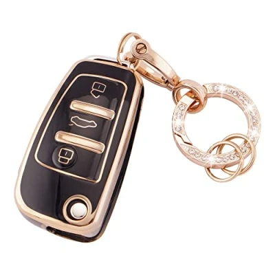 Image de Koaudb Coque de clé Voiture pour Audi A1 A3 A4 A6 A8 Quattro Q3 Q7 S3 S6 RS3 RS6 R8 TT TTS 3 Boutons Flip Key Case Souple en TPU avec Porte clés Noir doré (R Ad B)