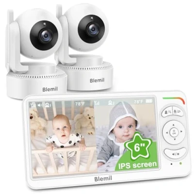 Image de Blemil Babyphone vidéo avec 2 caméras et audio, 6 IPS grand écran divisé, télécommande panoramique/inclinable/zoom, caméra de surveillance vision nocturne claire autonomie la batterie