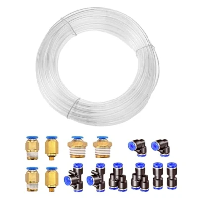 Image de HUAZIZ 10 Meter PolyuréthaneTuyau Pneumatique 6 mm transparent, PU Tuyau Air, avec 14 Connecteur 4mm (2 Droits, 2 Coudes, Raccords en T, Séparateurs Y, Filetés Mâle)