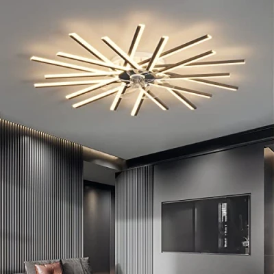 Image de Plafonnier Ventilateur Design avec Telecommande APP Controle Réversible DC Grand Lustre de Plafond Dimmable 6 Vitesse Ventilo Silencieux pour Salon Chambre, Noir, 100cm