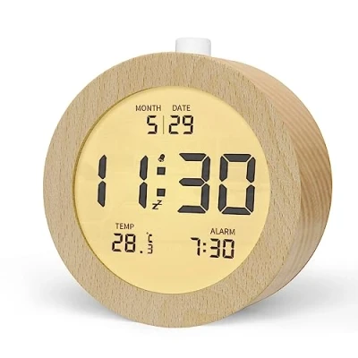 Image de aboveClock Réveil Numérique en Bois, Matin LCD Horloge avec Affichage Date, Température, Snooze, Rétro éclairage, Digitale Alimenté par Pile【3 Piles AAA Nécessaires】