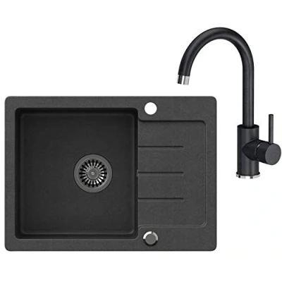 Image de VBChome Évier composite noir avec robinet, 60 x 44 cm, en granit, encastrable, simple, moucheté, réversible + siphon