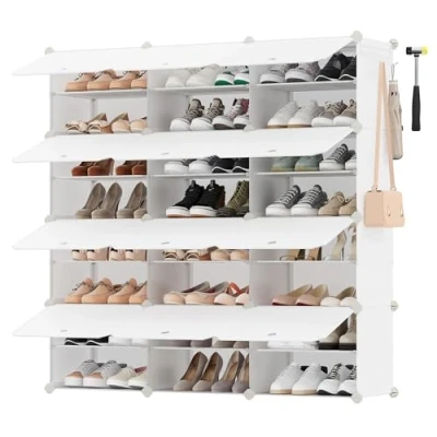 Image de SONGMICS Étagère à Chaussures 12 Compartiments, de Rangement Modulable, Compartiment 30 x 40 cm, Porte, Cadre en Acier, Plastique, pour Couloir, Chambre, Entrée, Blanc Nuage LPC040W02