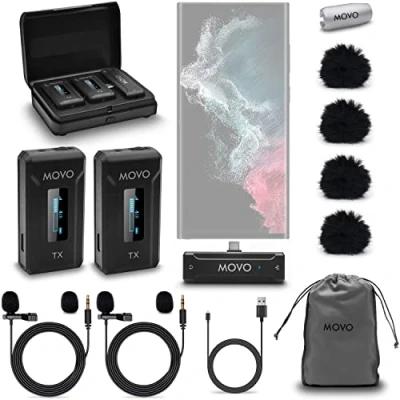 Image de Movo WMX 2 C DUO Microphones Lavalier sans fil doubles pour Android avec étui de chargement, micros intégrés, à pince, batterie 7HR, portée 328&#039; Microphone USB l&#039;enregistrement vidéo