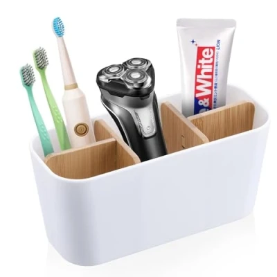 Image de Cloisons en Bambou Porte Brosse à Dents, Amovible Support a Dent avec 5 Compartiments pour Multifonctionnelle Rangement Adaptée Lavabo de la Salle Bain