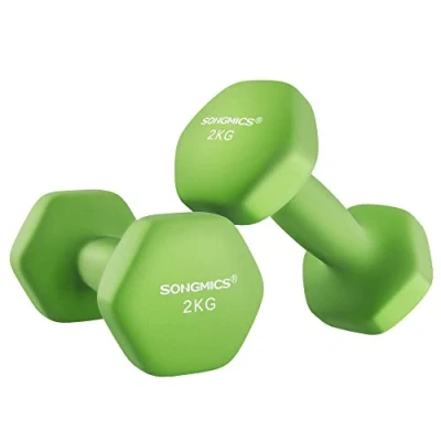 Image de SONGMICS Lot de 2 haltères, x kg, en forme d&#039;haltères, courts, hexagonaux, revêtement néoprène, pour la musculation, l&#039;entraînement, le fitness, maison, vert citron SYL904C01