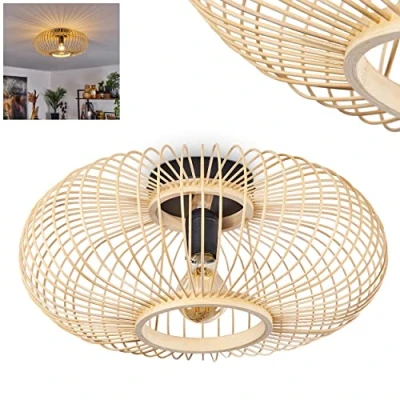 Image de plafonnier Oravi, rond en métal/bambou noir/naturel,1 flamme, douille E27, Ø 40 cm,luminaire au design rétro/vintage avec un superbe effet de lumière grâce à l&#039;aspect grillagé,sans ampoules